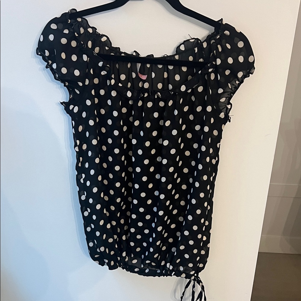 Like New Elegant Black and White Polka Dot Blouse With Ruffle
